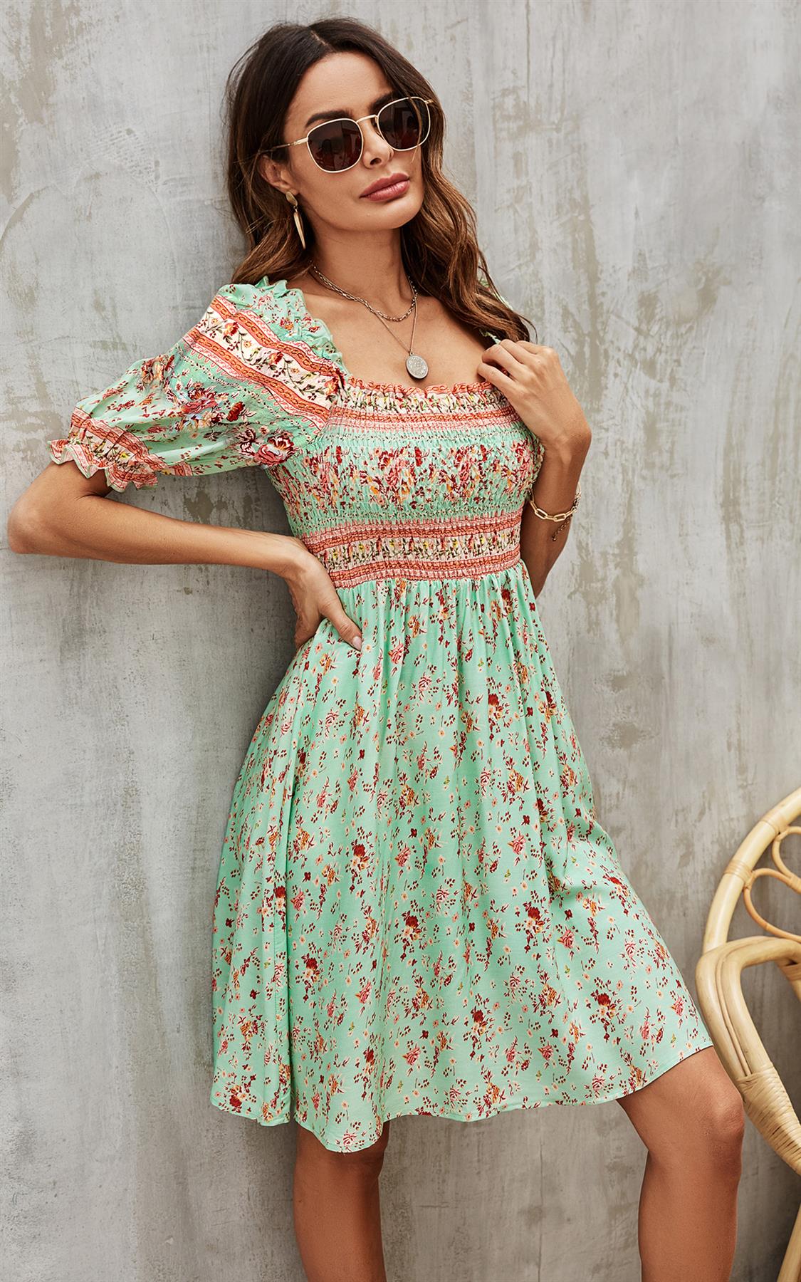Boho Mini Dress With Pink Floral Print In Mint Green – WerbeDruckKL