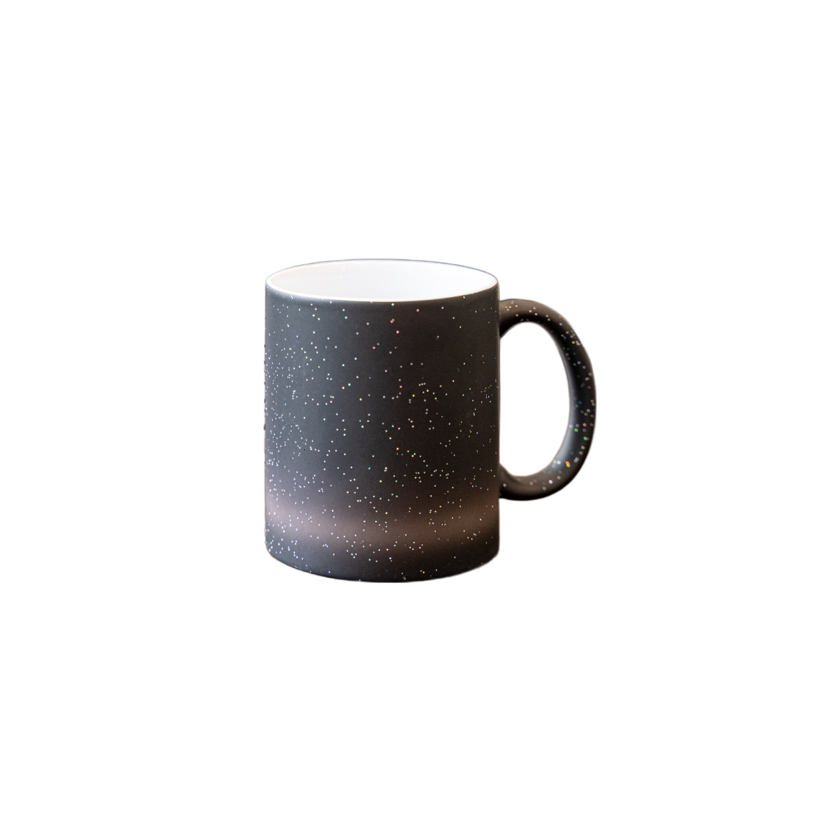 Color-changing mug with glitter particles and magic thermo effect
