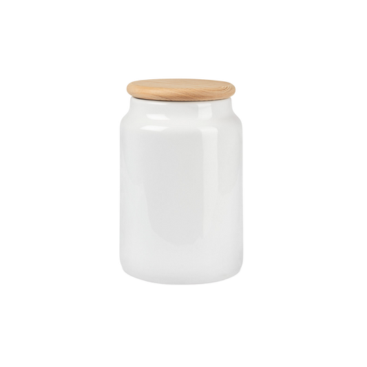 White ceramic jar with wooden lid