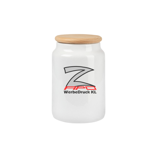 White ceramic jar with wooden lid