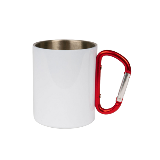Stainless steel cup, white outside, with red carabiner