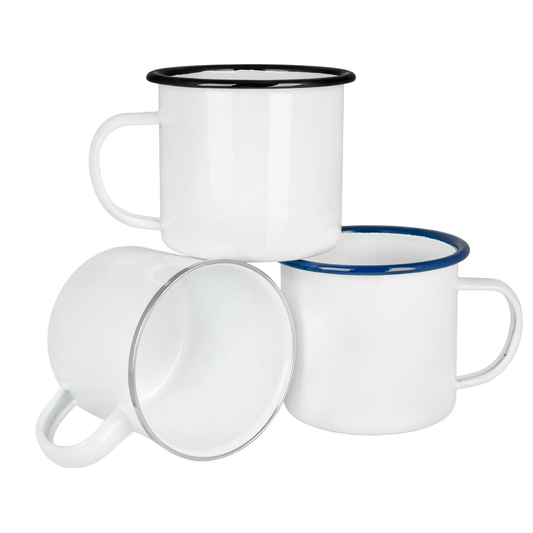 Enamel mug white 18oz, with colored mug rim