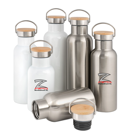 Stainless steel thermos flask with bamboo lid in various sizes and colors