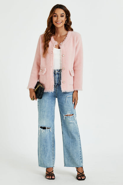 Rosa Bouclé-Jacke aus Baumwollmischgewebe mit Fransen am Saum