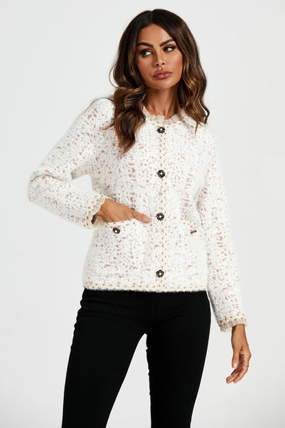Bouclé-Jacke mit Leopardenmuster und Spitzenbesatz in Creme