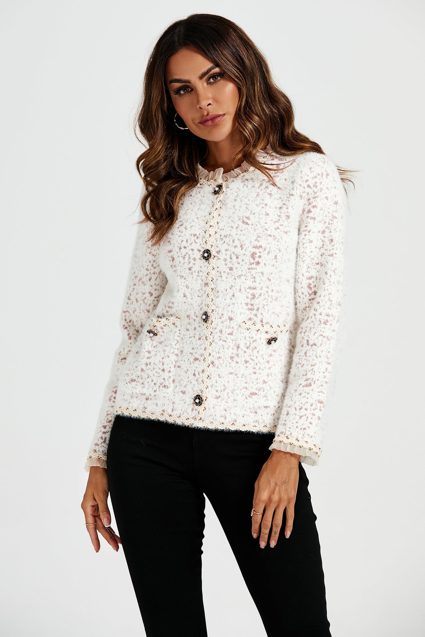 Bouclé-Jacke mit Leopardenmuster und Spitzenbesatz in Creme