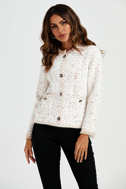 Bouclé-Jacke mit Leopardenmuster und Spitzenbesatz in Creme