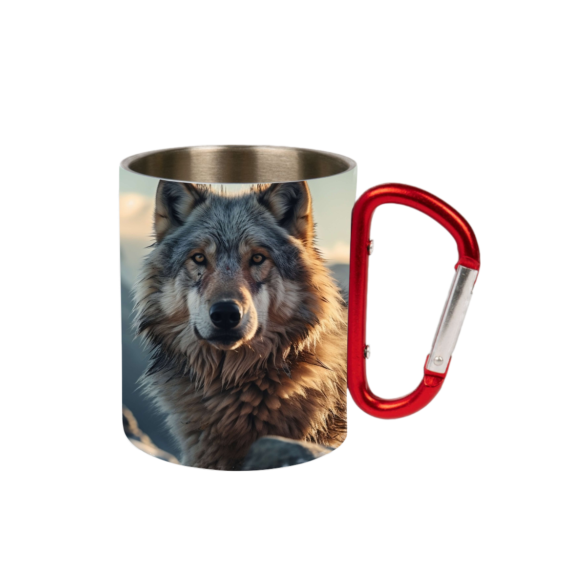 Edelstahltasse, Aussenseite Weiß, mit rotem Karabiner