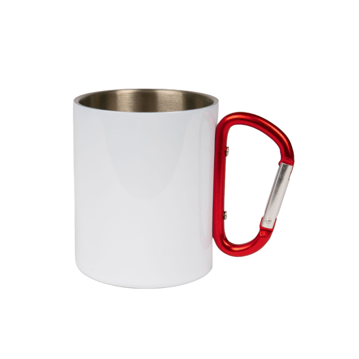 Edelstahltasse, Aussenseite Weiß, mit rotem Karabiner