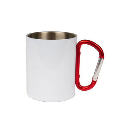 Edelstahltasse, Aussenseite Weiß, mit rotem Karabiner