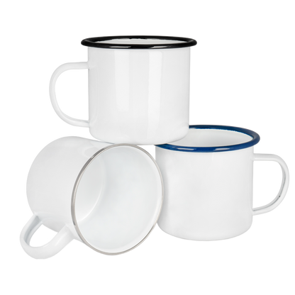 Emailletasse weiß 18oz, mit farbigem Tassenrand