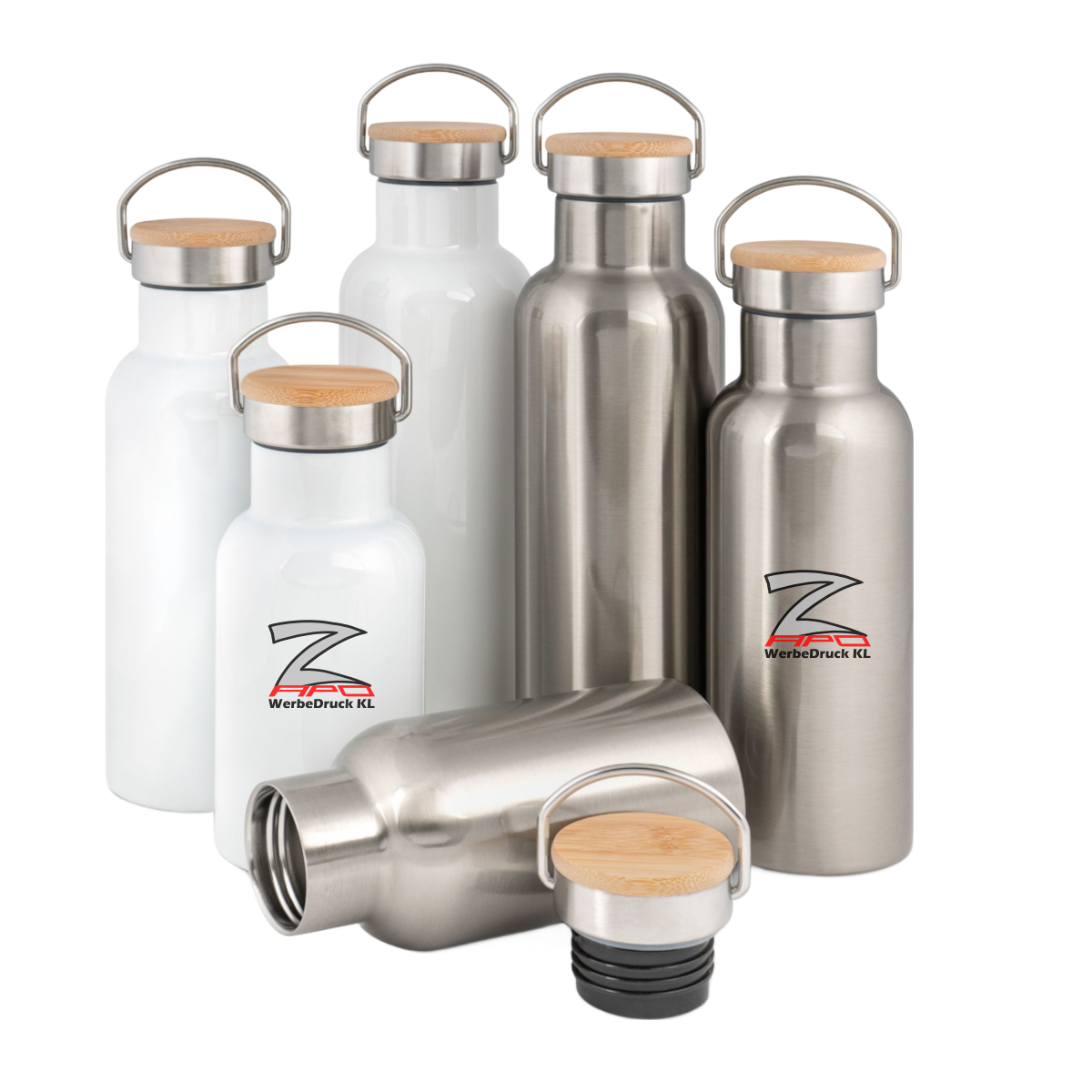 Edelstahl-Thermoflasche mit Bambusdeckel div. Größen und Farben