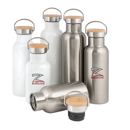Edelstahl-Thermoflasche mit Bambusdeckel div. Größen und Farben