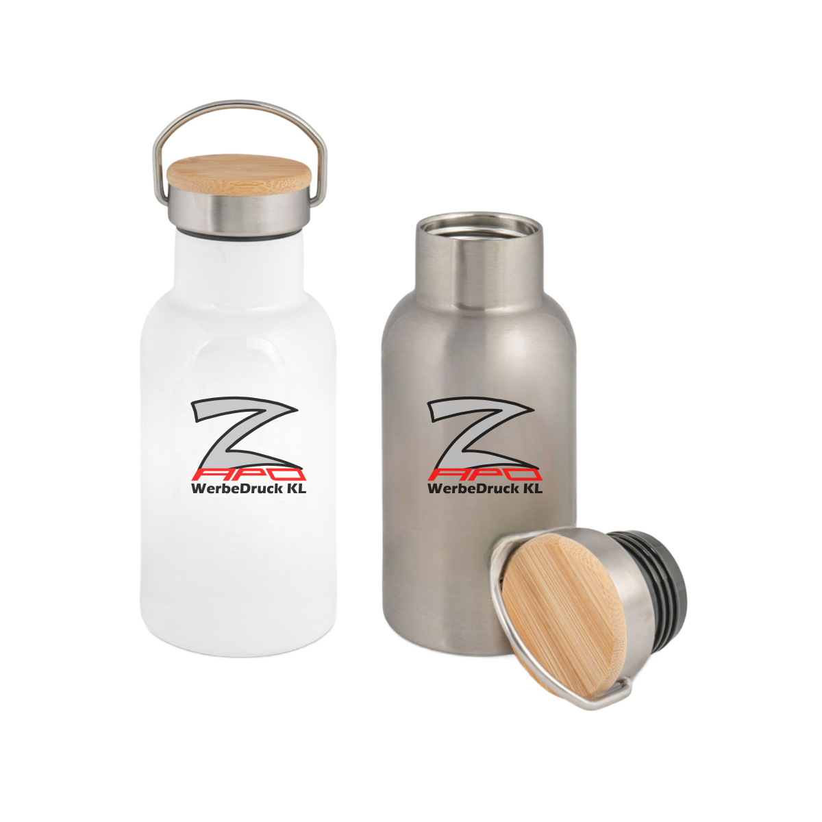 Edelstahl-Thermoflasche mit Bambusdeckel div. Größen und Farben