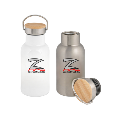 Edelstahl-Thermoflasche mit Bambusdeckel div. Größen und Farben
